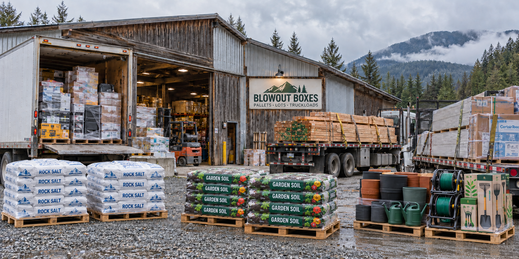 Illustrative scene of a rustic warehouse yard with loaded trucks and pallets of rock salt, garden soil and outdoor garden supplies