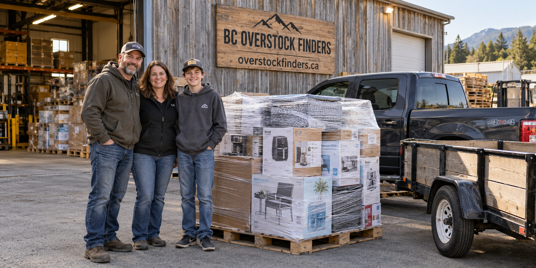 Illustrative scene of a fictional family beside a merchandise pallet and pickup truck