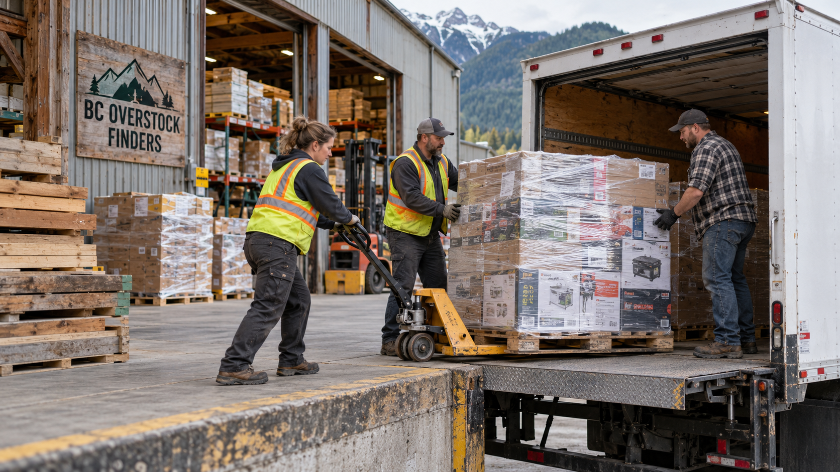 Illustrative scene of workers helping load a merchandise pallet into a truck
