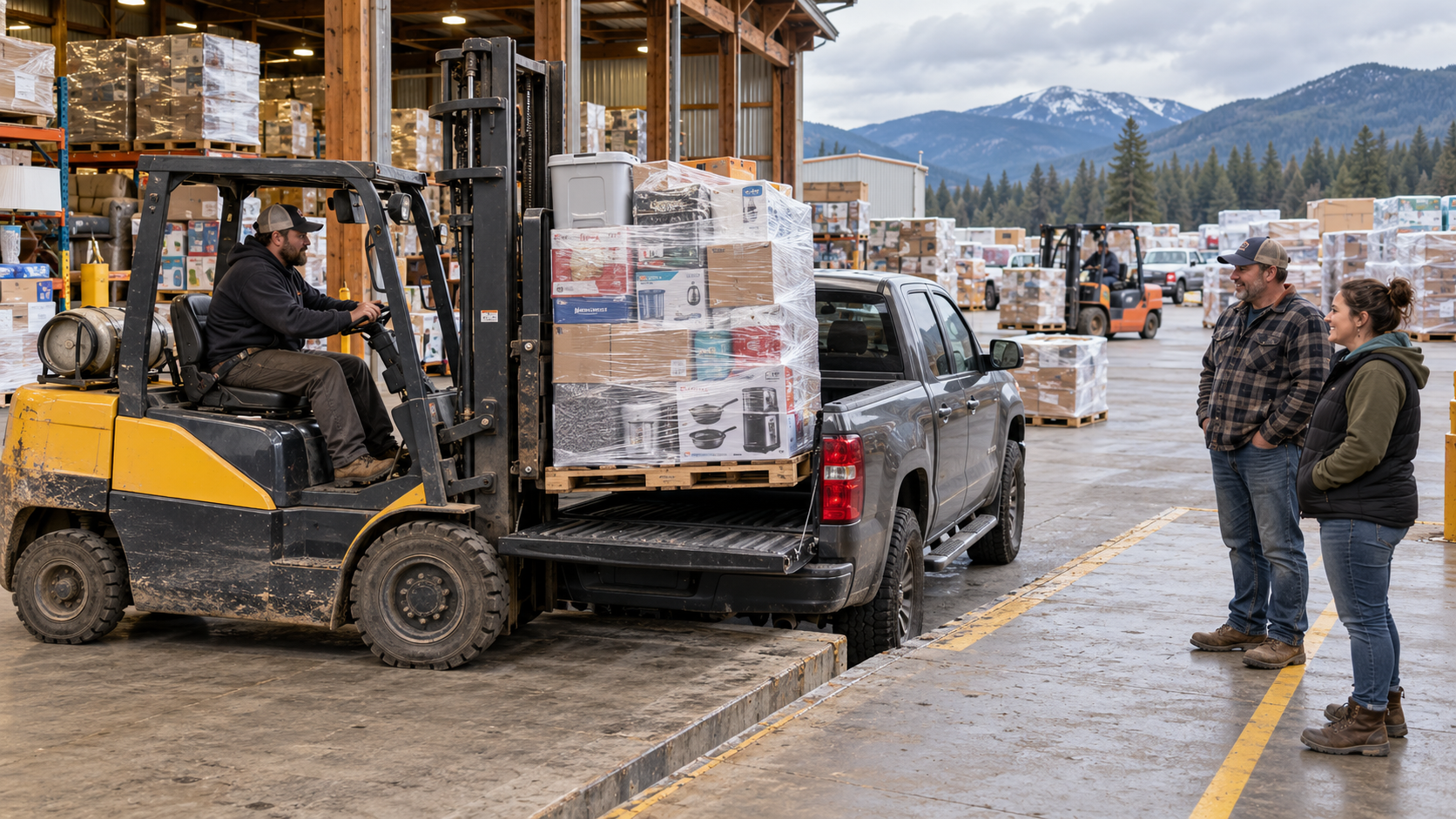 Illustrative scene of a pallet being loaded into a pickup