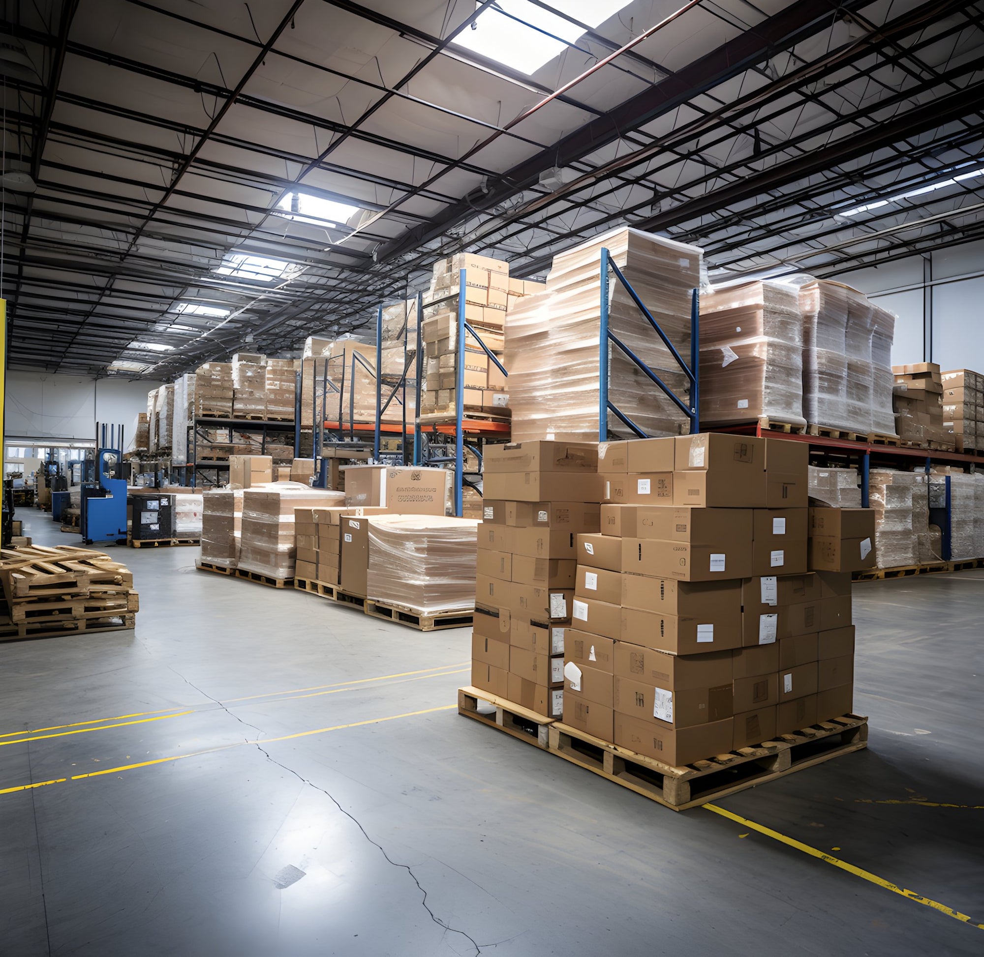 Real warehouse overview photograph with pallets and boxes inside an industrial building
